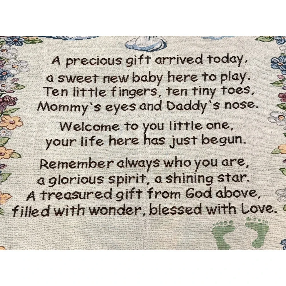 Vintage Woven Baby Tapestry Throw Blanket Stork Floral Poem Nursery Decor 36x34